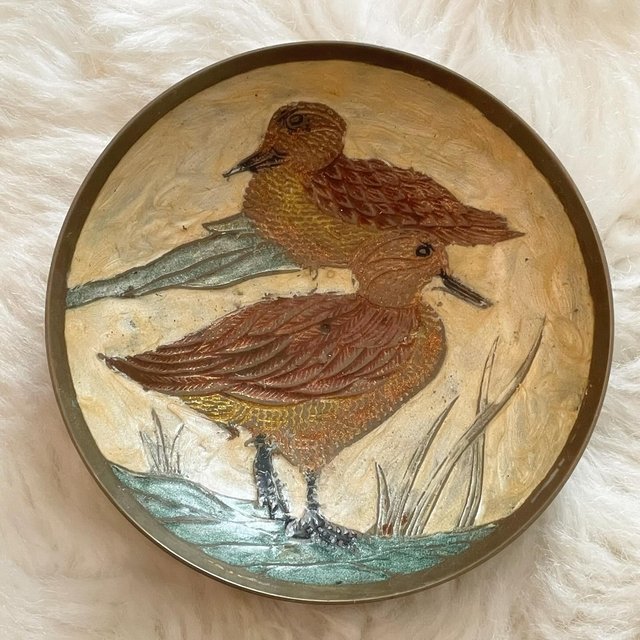 Preview of the first image of Vintage Coloured Enamel on Solid Brass Cloisonné Ducks Trink.