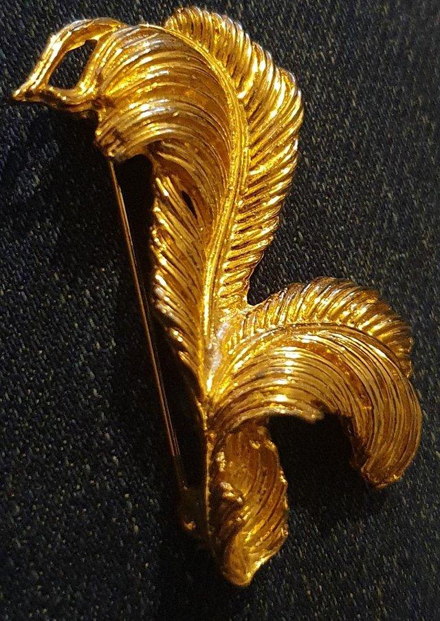 Preview of the first image of Gold coloured feather shaped Broach.