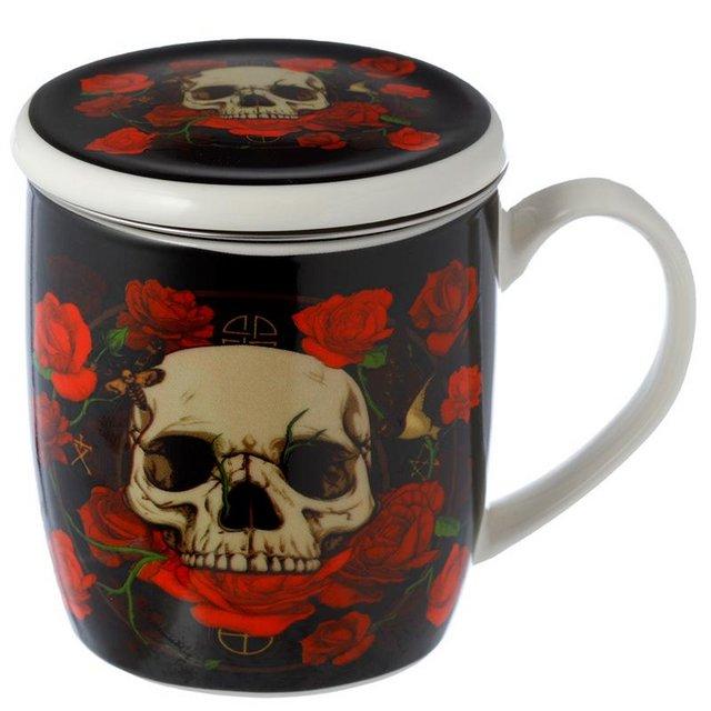 Preview of the first image of Porcelain Mug & Infuser Set - Skulls and Roses. Free uk Post.