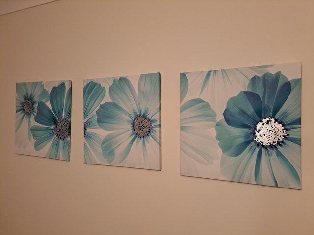 Preview of the first image of Set of 3 teal/ turquoise pictures with silver accents.