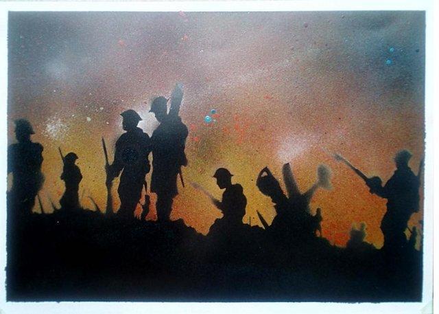 Preview of the first image of WW1 Tommy's over the top the Somme enamel spray art painting.