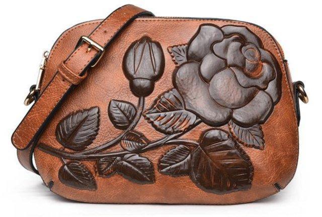 Preview of the first image of Beautiful Women Embossed Rose Flower Leather Crossbody Bag.
