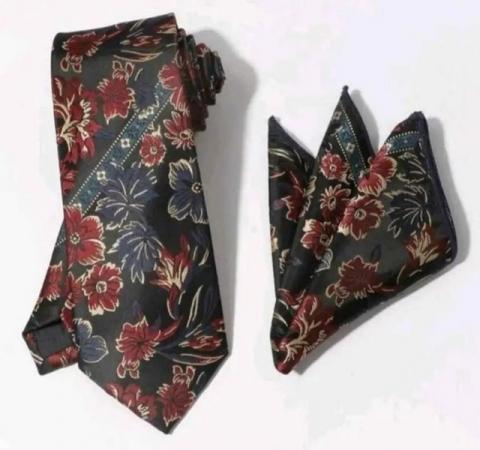 Image 1 of Dark floral Neck tie and hanky - brand new