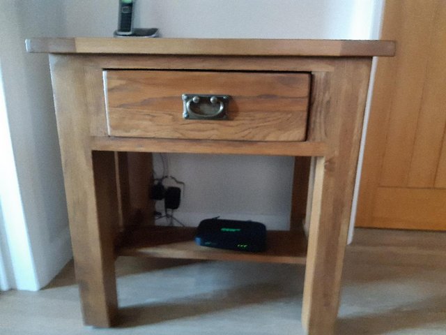 Preview of the first image of Rustic Reclaimed Oak Hall/Lamp Table with Drawer. As New.