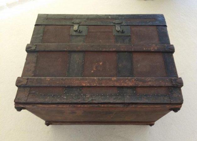 Image 2 of Vintage Wooden Travel Trunk with Metal Metal Banding