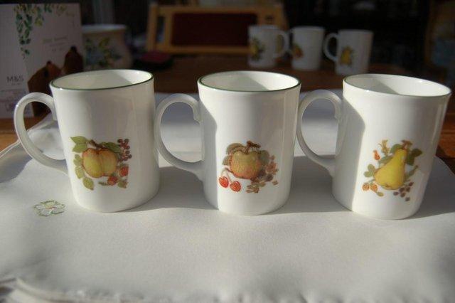 Preview of the first image of 6 Kingsbury Mugs in Bone China, Autumn Fruit Designs, As New.