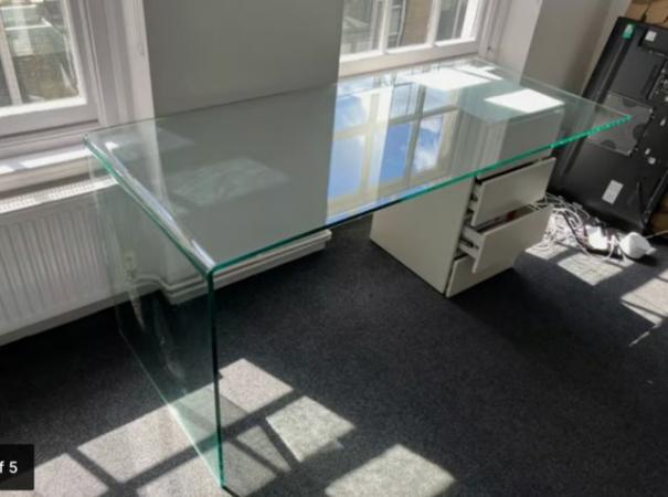 Image 3 of Modern solid glass desk with white 4 drawer storage home off