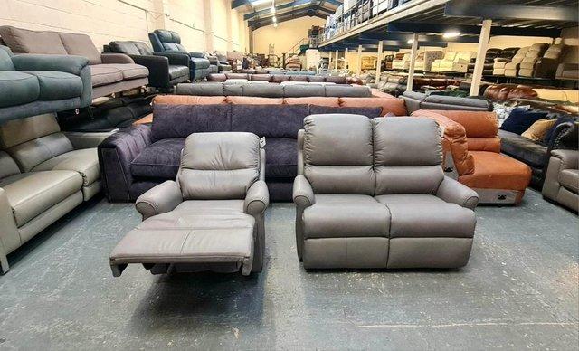 Image 4 of G Plan Newmarket grey leather 2 seater sofa and manual chair
