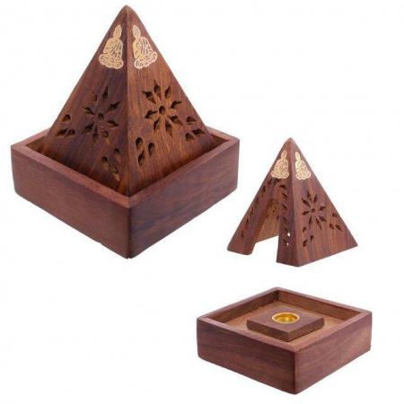 Image 1 of Decorative Sheehsam Wood Incense Cone Pyramid Box