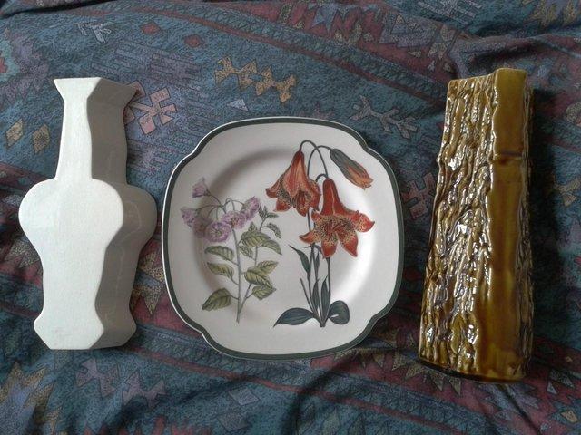 Preview of the first image of Chris Coe Vase,Spode Plate & Triangular Vase all in VGC.