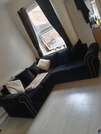 Image 3 of Black velvet Chesterfield style corner sofa