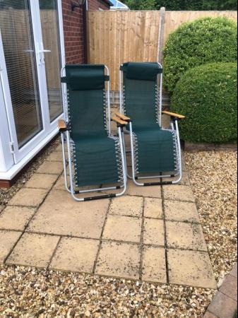 Image 1 of Green recliner garden chair loungers x2