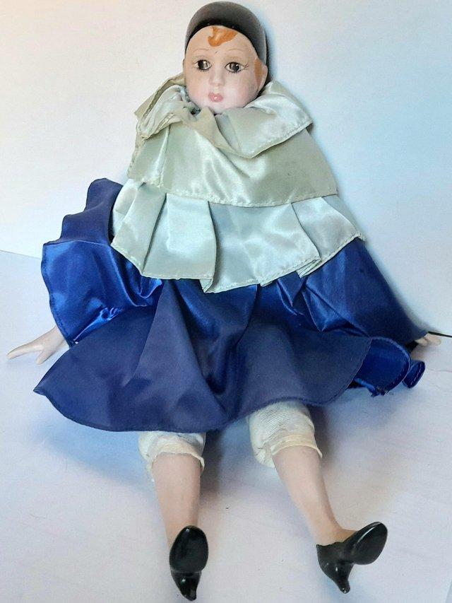 Preview of the first image of PORCELAIN LADY  LOWN DOLL - BLUE SILKY OUTFIT 38 cm.
