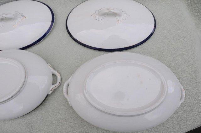 Image 3 of Victorian Pottery Serving Dishes With Lids White With Blue