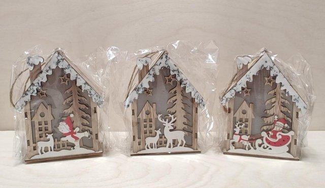 Image 7 of Set of 3 Hanging Christmas Wooden House with LED Warm Lights