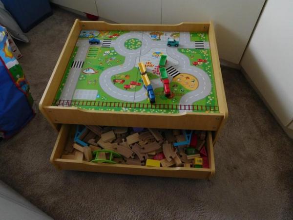 Image 1 of Wooden Train Set With Table & Road Boards Storage Tray Magne