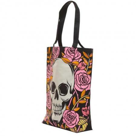 Image 2 of Handy Cotton Zip Up Shopping Bag - Skulls & Roses.