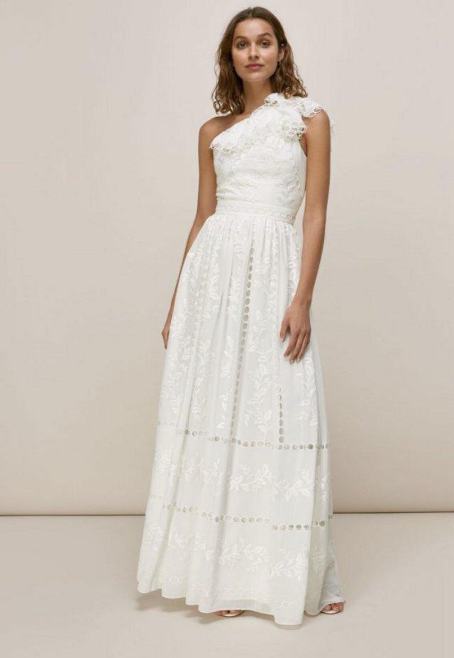 Preview of the first image of Whistles Adelaide White Shoulder Embroidered Wedding Dress.