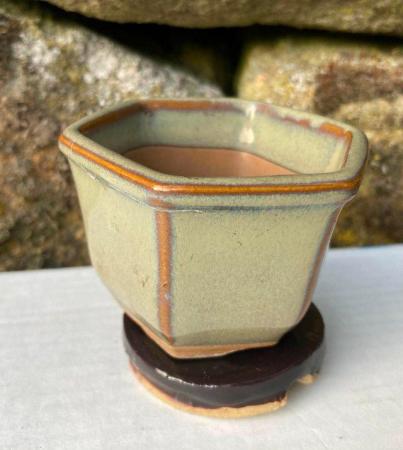 Image 1 of Mid green hexagonal bonsai pot and stand  (S7)