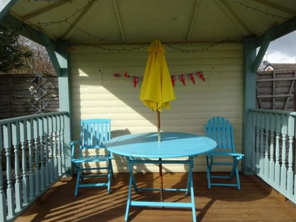 Image 2 of WOODEN FOLDING ROUND PATIO TABLE, CHAIRS AND SUN BROLLEY