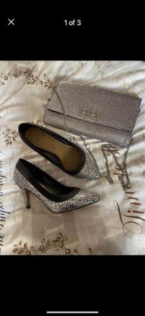 Image 3 of Silver sparkle clutch bag and shoes