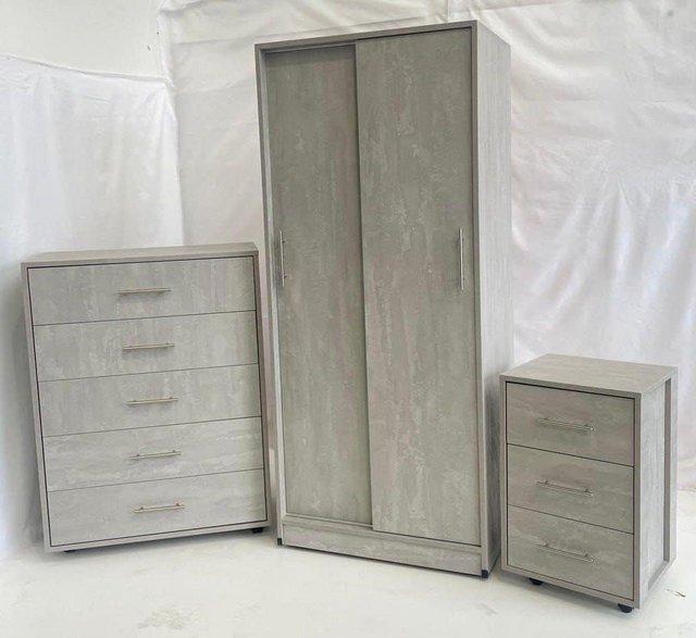 Preview of the first image of AERO GREY STONE EFFECT SLIDING WARDROBE CHEST AND BEDSIDE.