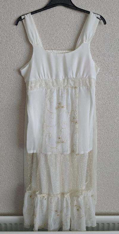 Preview of the first image of Pretty Cream Dress With Embroidery & Sequin Detail - Size 8.
