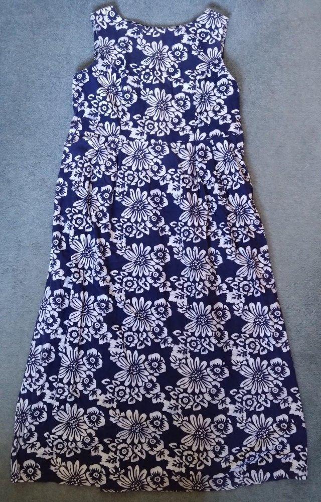 Preview of the first image of Monsoon blue floral print cotton midi dress- size 18 (UK).