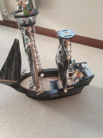 Image 1 of Wooden Pirate Sailing Ship with Figures.
