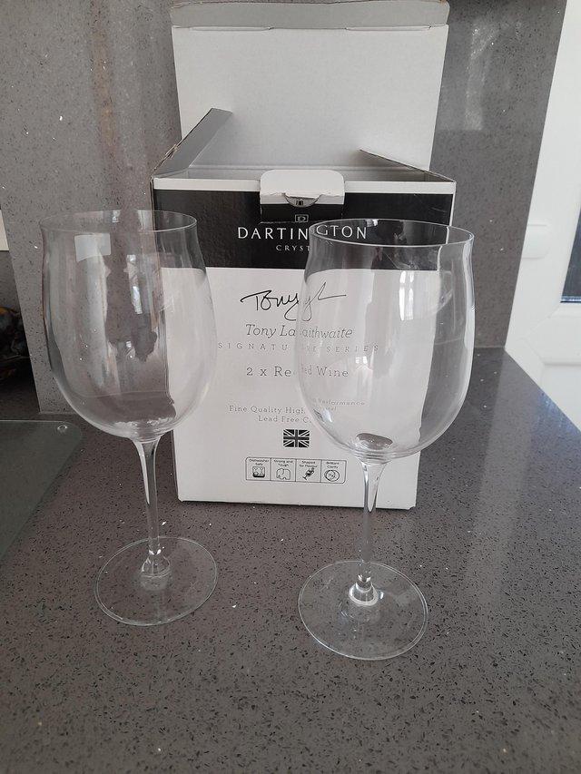 Preview of the first image of 2 Crystal wine glasses in original box.