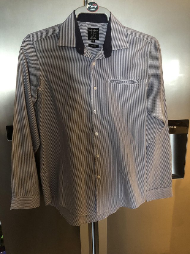 Preview of the first image of Men’s shirt 15 collar slim fit blue & white striped.