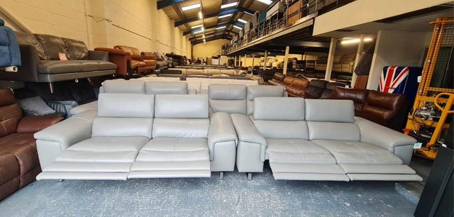 Image 20 of Italian Lucio grey leather electric pair of 3 seater sofas
