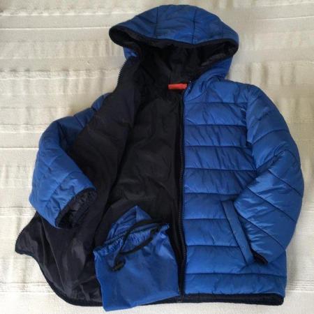 Image 3 of Tissaia blue packaway jacket + bag. Hood, padded. Age 6 yrs.