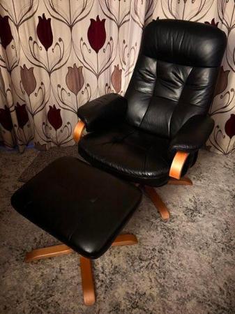 Image 2 of Reclining Faux Leather Chair & Matching Footstool VG