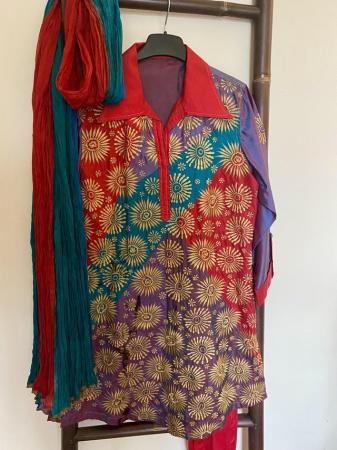 Image 2 of Red, purple, blue Indian churidar suit