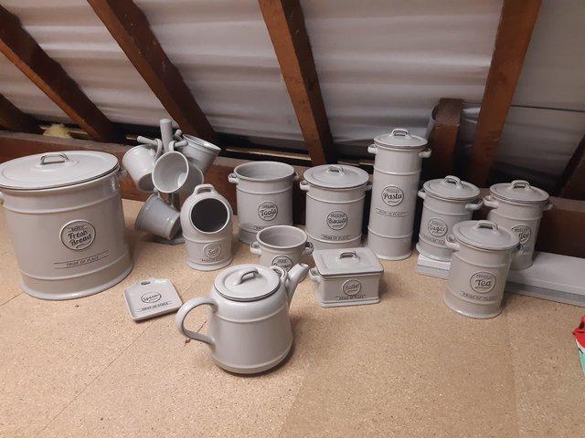 Preview of the first image of Pride of Place grey ceramic kitchen canisters.