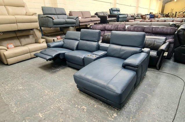 Image 15 of Laurence Smoke blue leather electric recliner chaise sofa