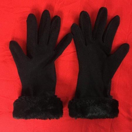 Image 2 of M&S black fabic women's gloves with faux fur trim. One size.