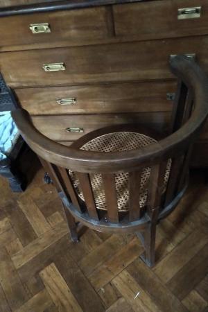 Image 1 of Antique Oak Captains Smokers Bow Chairs, Rattan Seat, x2