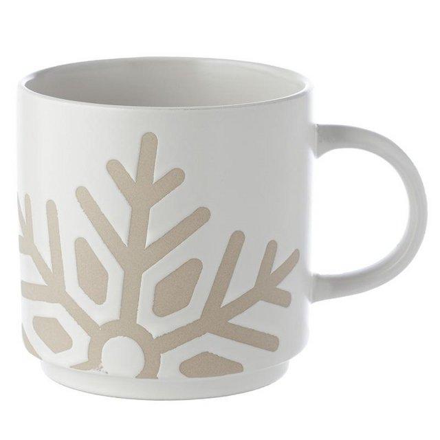 Preview of the first image of Stoneware Mug White Glaze Relief - Snowflake.  Free uk post.