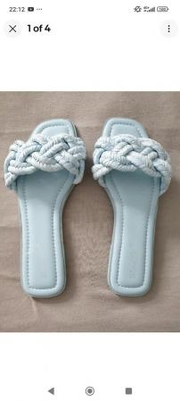 Image 2 of Ladies Light Blue Chunky Basketweave Flat Sandals. Size 6