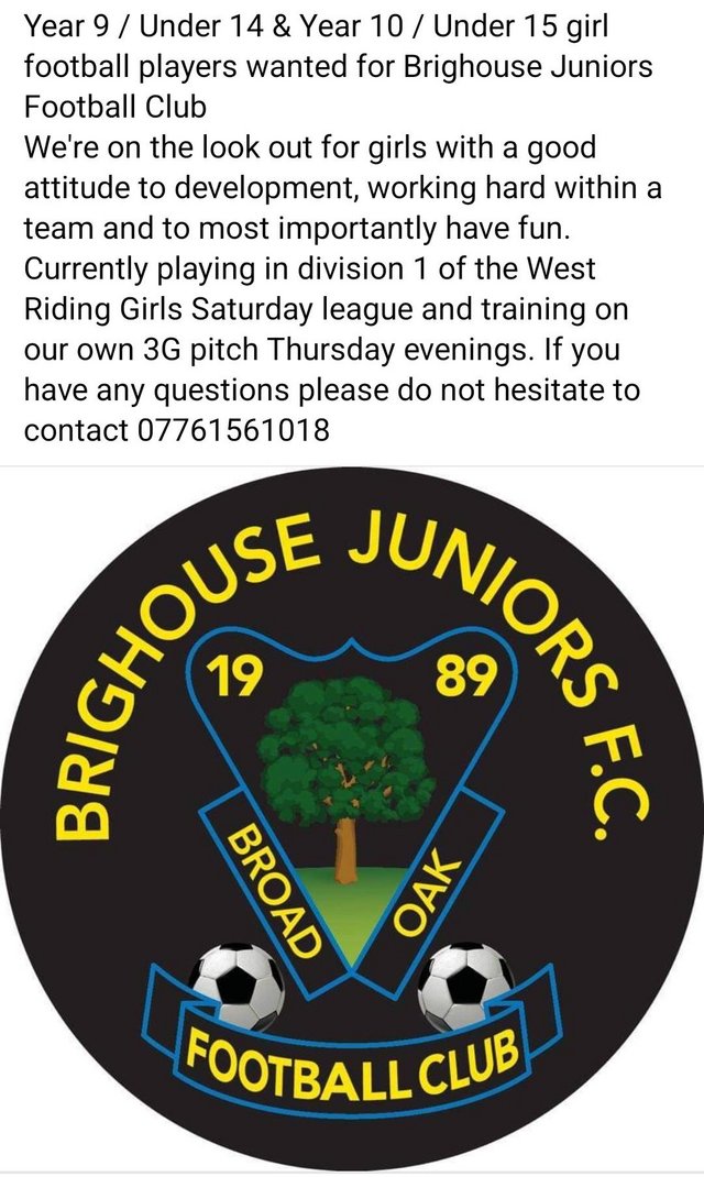Preview of the first image of Year 8, 9 & 10 girl footballers wanted Brighouse Juniors.