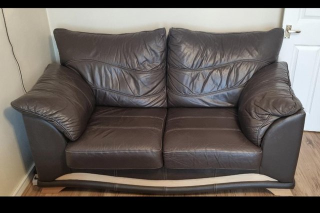 Image 1 of 2 seater brown leather sofas, pair.