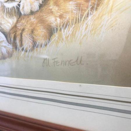 Image 3 of Vintage 1980s framed M Fennell metallic lioness & cub print.