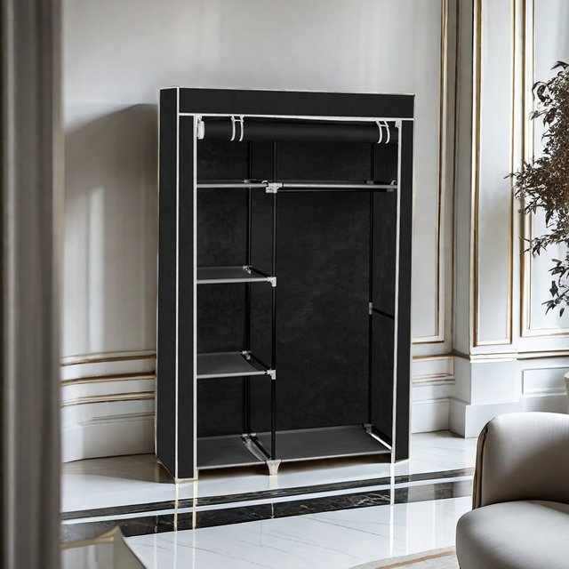 Preview of the first image of Portable Hanging Closet Wardrobe Rack with Shelf Black.