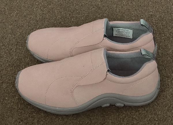 Preview of the first image of Ladies Pink Suede Slip On Shoes By Cotton Traders - Size 7W.