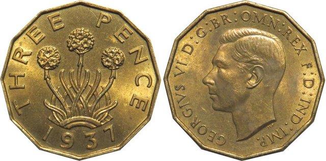 Image 1 of 1937 three pence thruppence thruppennybit uk coin - brass
