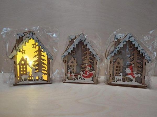 Image 9 of Set of 3 Hanging Christmas Wooden House with LED Warm Lights