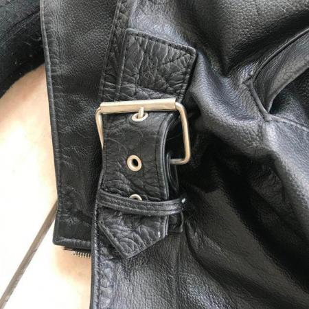 Image 2 of Man's black leather jacket, broken zip. Approx 42" chest.