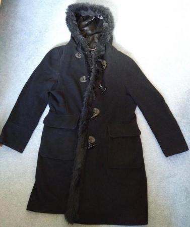 Image 3 of Laura Ashley long black hooded wool coat with fur trim- 20